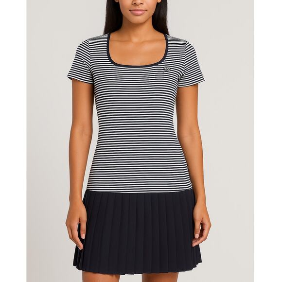 Karl Lagerfeld Paris Striped Knit Pleated Hem Dress Black White XS NWT - Picture 1 of 15